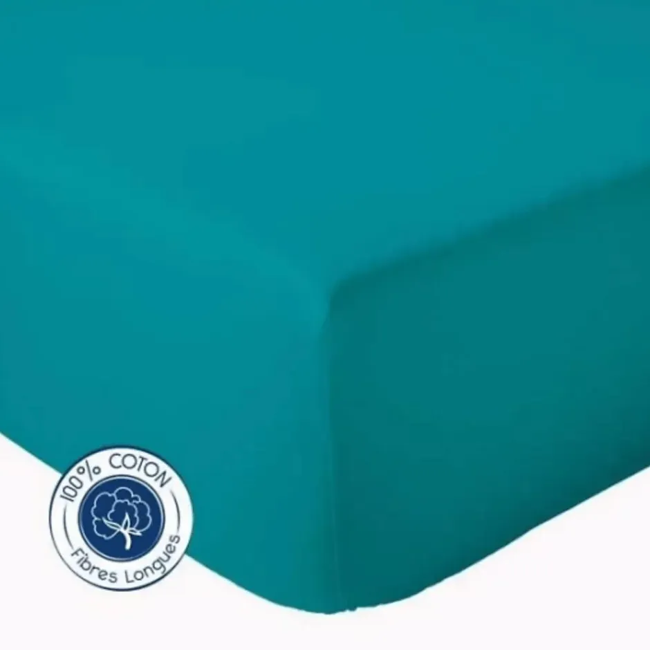 Tradilinge Drap Housse coton bonnet 23 cm fabriqué en France (90x190 cm - Bleu Paon) Online