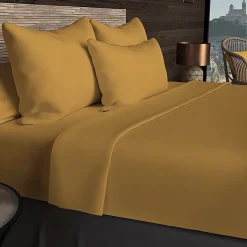 Soleil D'Ocre Drap housse en coton 57 fils 90x190 cm UNI moutarde, par Discount