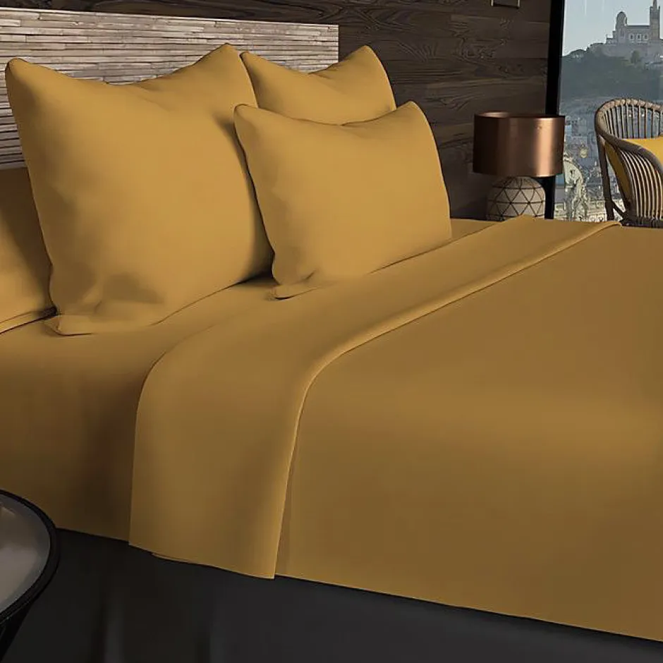 Soleil D'Ocre Drap housse en coton 57 fils 90x190 cm UNI moutarde, par Discount