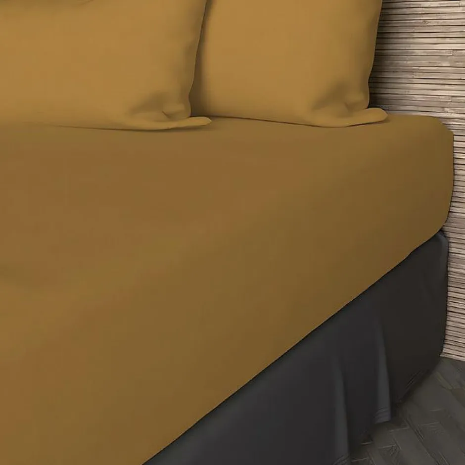 Soleil D'Ocre Drap housse en coton 57 fils 90x190 cm UNI moutarde, par Discount