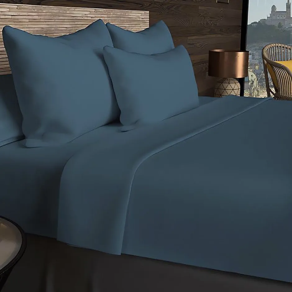 Soleil D'Ocre Drap housse en coton 57 fils 140x200 cm UNI bleu canard, par Outlet