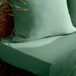 Atmosphera Créateur D'Intérieur Drap housse Flora gaze de coton vert céladon 160x200cm - Atmosphera