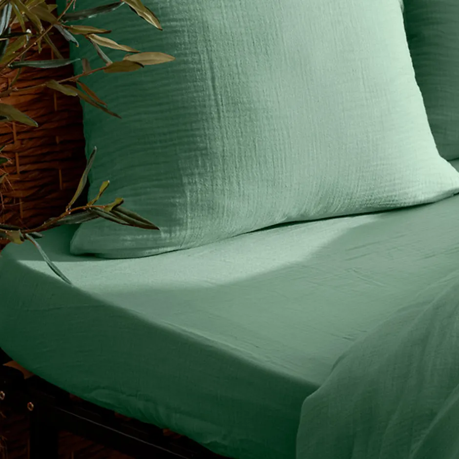 Atmosphera Créateur D'Intérieur Drap housse Flora gaze de coton vert céladon 160x200cm - Atmosphera