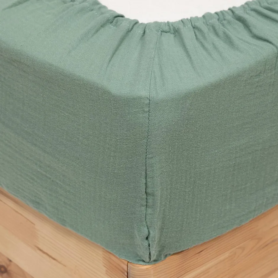 Atmosphera Créateur D'Intérieur Drap housse Flora gaze de coton vert céladon 160x200cm - Atmosphera