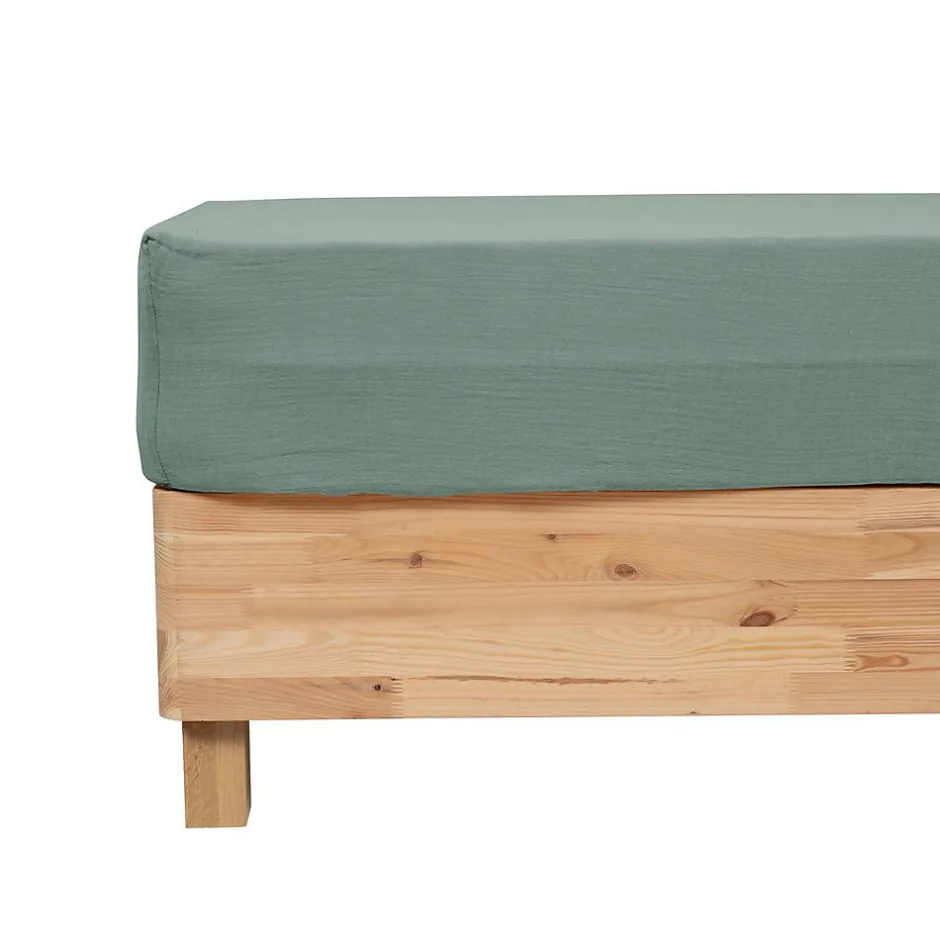 Atmosphera Créateur D'Intérieur Drap housse Flora gaze de coton vert céladon 140x190cm - Atmosphera