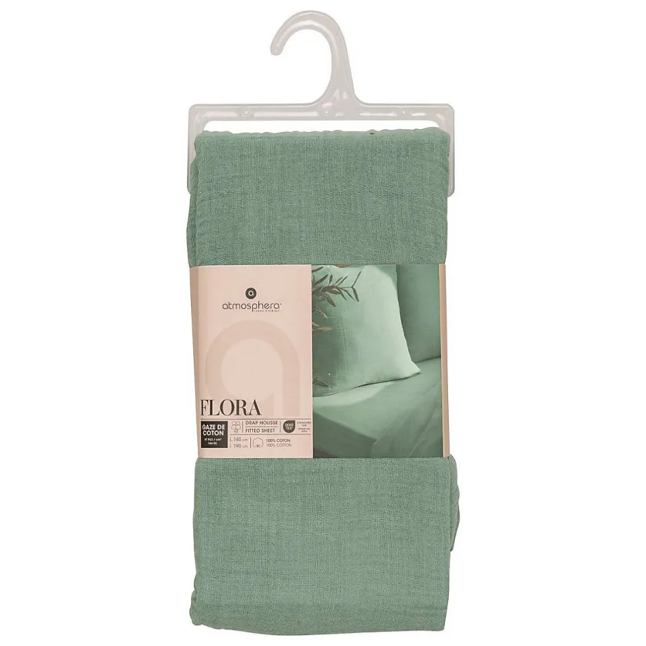 Atmosphera Créateur D'Intérieur Drap housse Flora gaze de coton vert céladon 140x190cm - Atmosphera