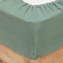 Atmosphera Créateur D'Intérieur Drap housse Flora gaze de coton vert céladon 140x190cm - Atmosphera