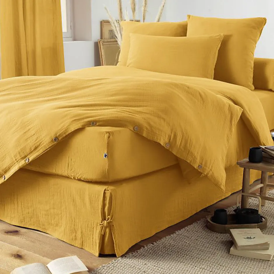 L'Effet Papillon Drap housse "Gaïa" toutes dimensions "Gaze de Coton" - Gaïa Safran - 140 x 190 cm bonnet de 30 cm Discount