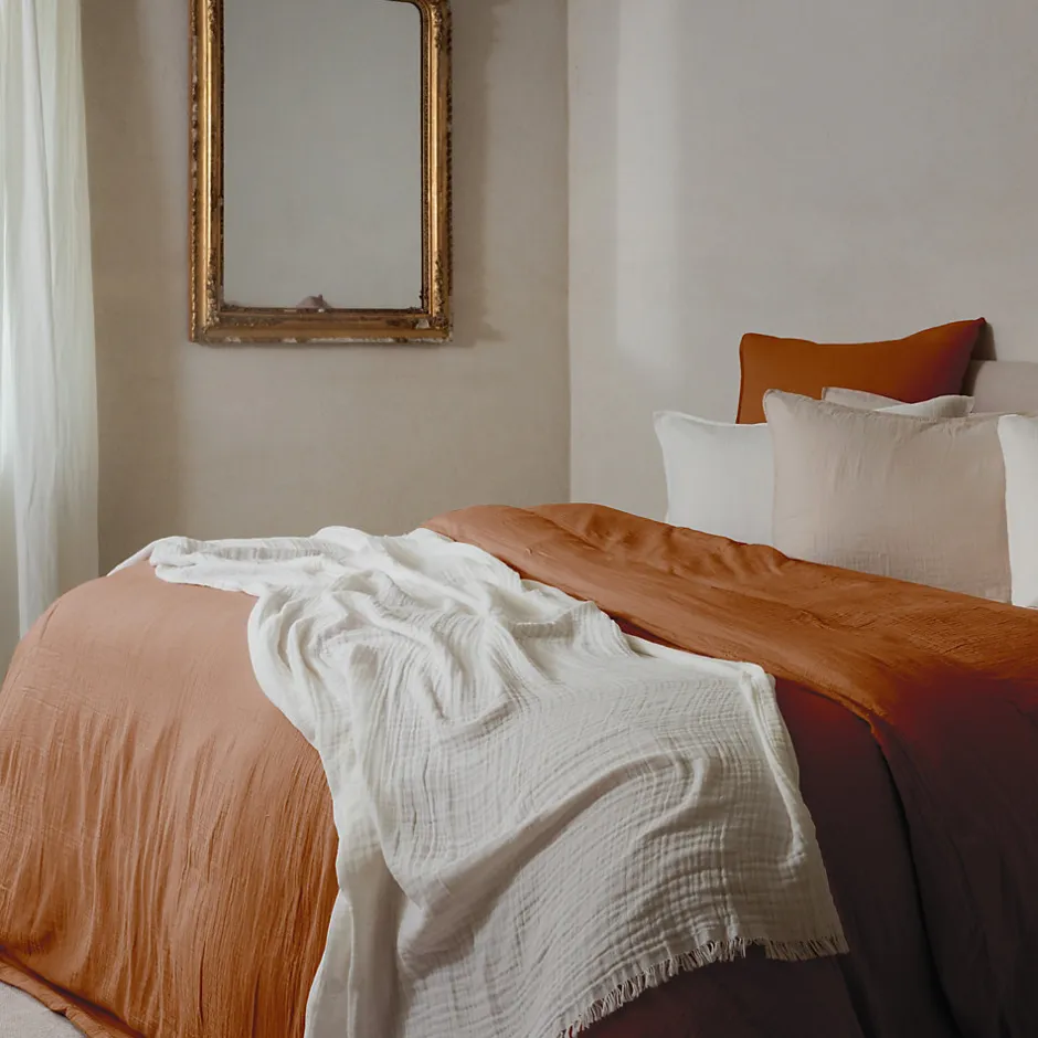 Linnea Drap housse MILOS mousseline de coton 140x200 cm bonnet 30 cm uni marron terre cuite
