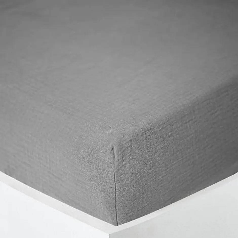 Coton Pur Drap housse "Noah" toutes dimensions "Gaze de Coton" - Noah Ardoise - 90 x 190 cm bonnet de 30 cm