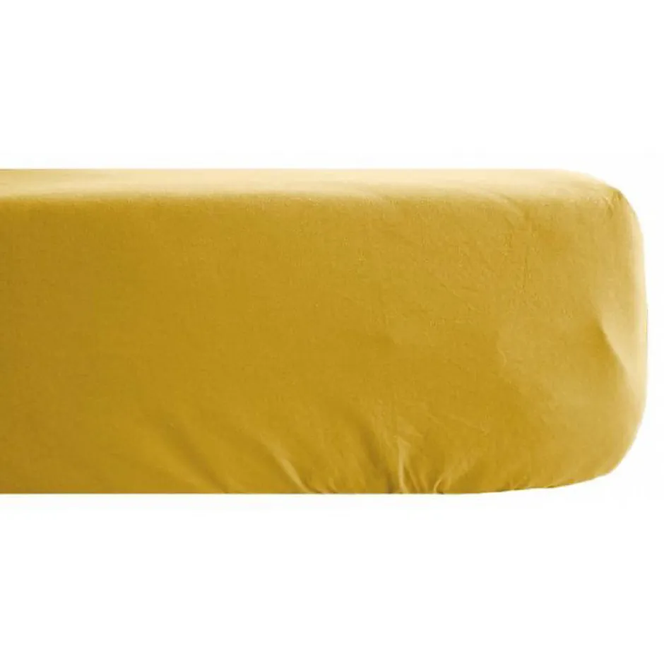 Vent Du Sud Drap housse Palace pur coton teint lavé 63 fils/cm² - Palace Curry - 140 x 190 cm bonnet de 35 cm Hot