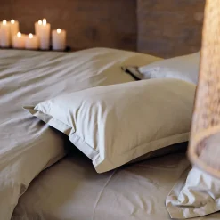 Linnea Drap housse uni 120x190 cm bonnet 35 cm percale de coton MANOIR beige Lin