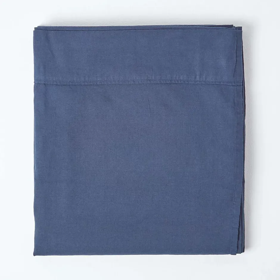 Homescapes Drap plat en lin lavé bleu marine, 240x275 cm - Discount