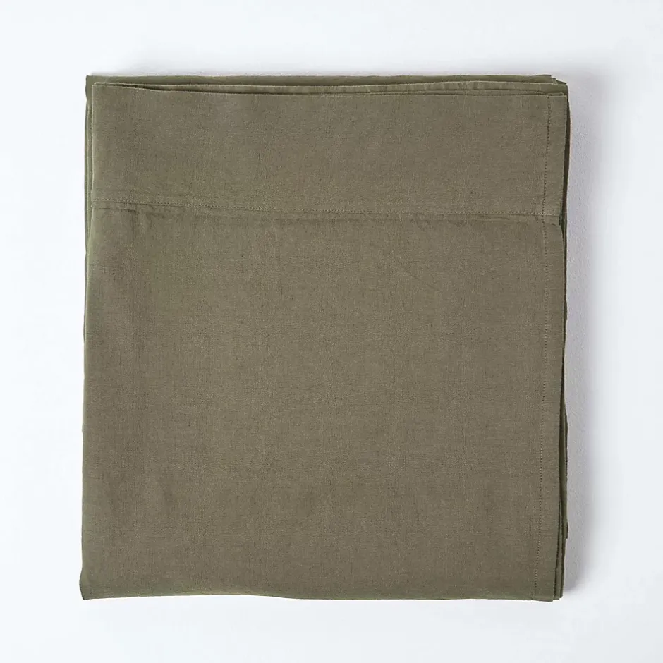 Homescapes Drap plat en lin lavé vert mousse, 178x255 cm - Outlet