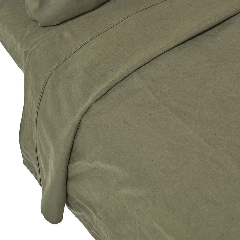 Homescapes Drap plat en lin lavé vert mousse, 178x255 cm - Outlet