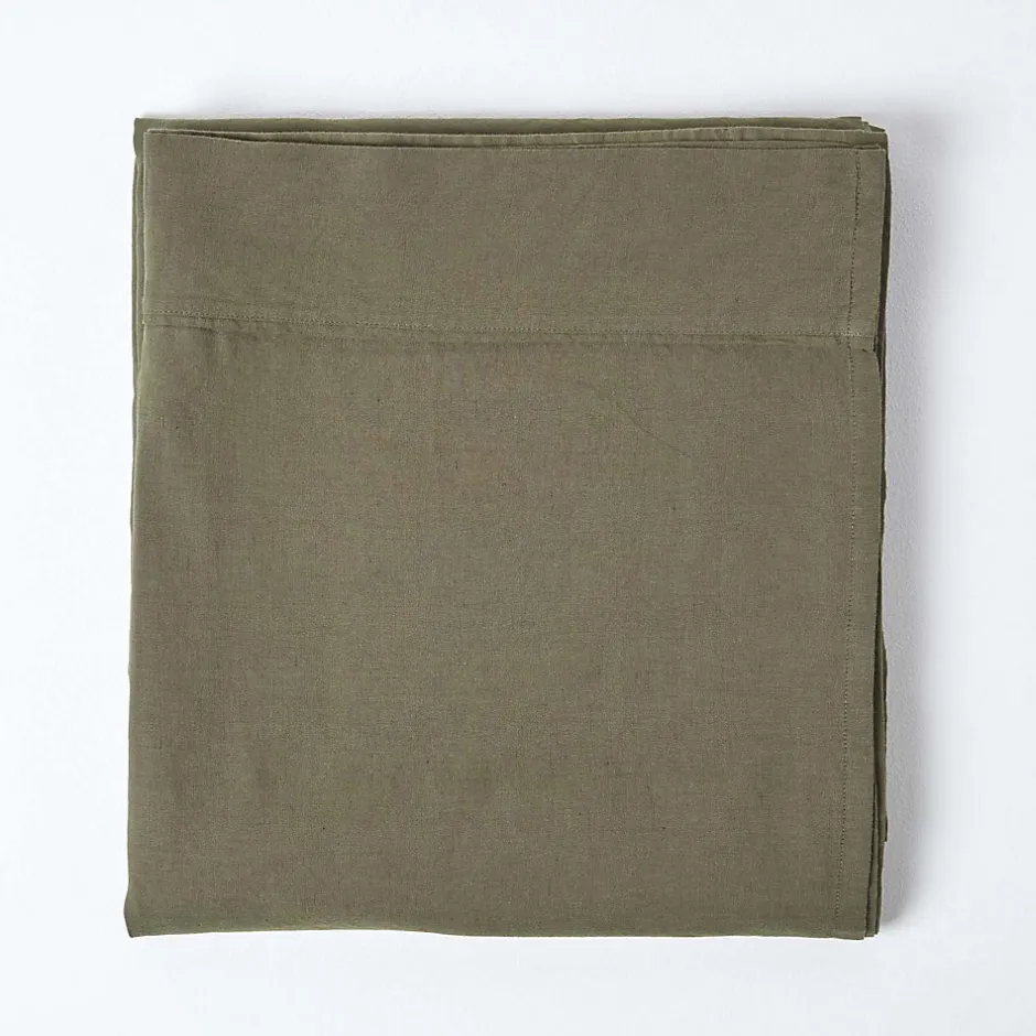 Homescapes Drap plat en lin lavé vert mousse, 230x255 cm -
