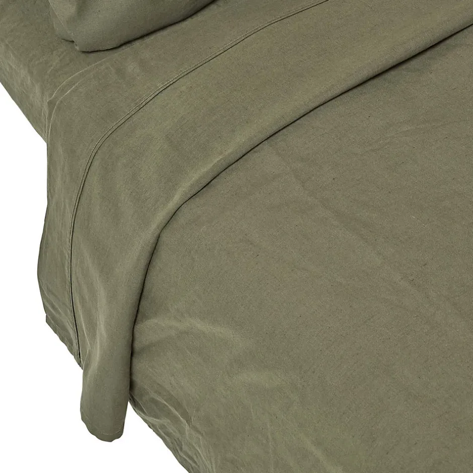 Homescapes Drap plat en lin lavé vert mousse, 240x300 cm -