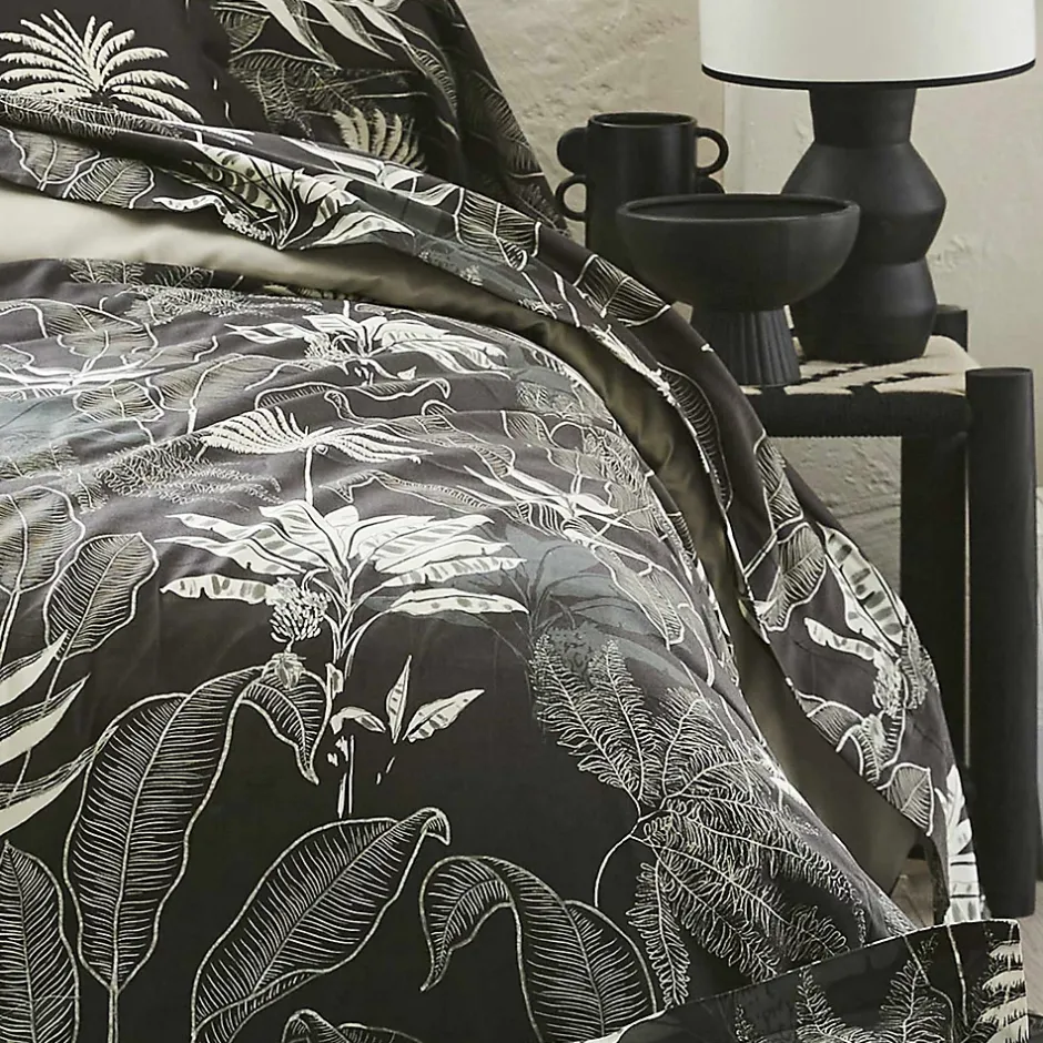 Tradilinge Drap plat en satin aux feuilles tropicales (180x290 cm - Gris anthracite) Online
