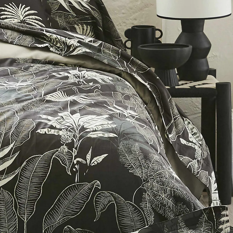 Tradilinge Drap plat en satin aux feuilles tropicales (280x325 cm - Gris anthracite)