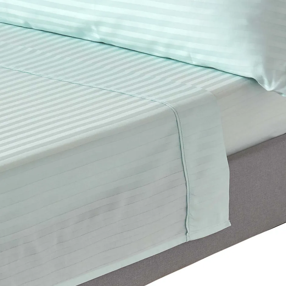 Homescapes Drap plat satin rayé en coton égyptien 330 fils bleu, 230x255 cm -