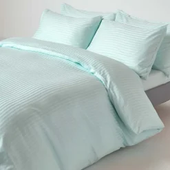 Homescapes Drap plat satin rayé en coton égyptien 330 fils bleu, 230x255 cm -