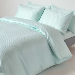 Homescapes Drap plat satin rayé en coton égyptien 330 fils bleu, 275x275 cm - New