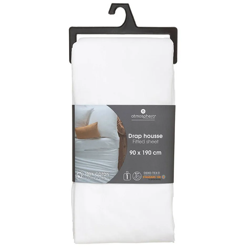 Atmosphera Créateur D'Intérieur Drap-housse en coton - blanc - bonnet H30cm - 90x190 cm - Atmosphera