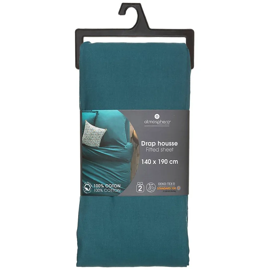 Atmosphera Créateur D'Intérieur Drap-housse en coton - bleu canard - bonnet H30cm - 140x190 cm - Atmosphera Outlet