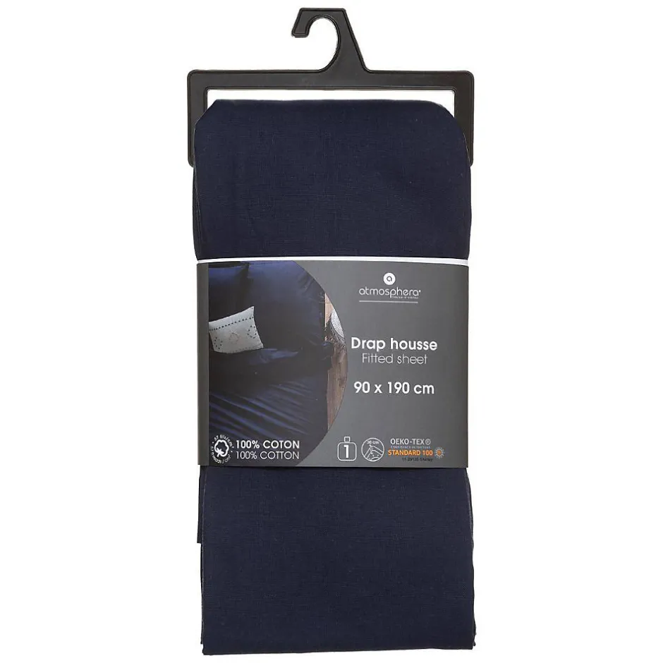 Atmosphera Créateur D'Intérieur Drap-housse en coton - bleu encre - bonnet H30cm - 90x190 cm - Atmosphera