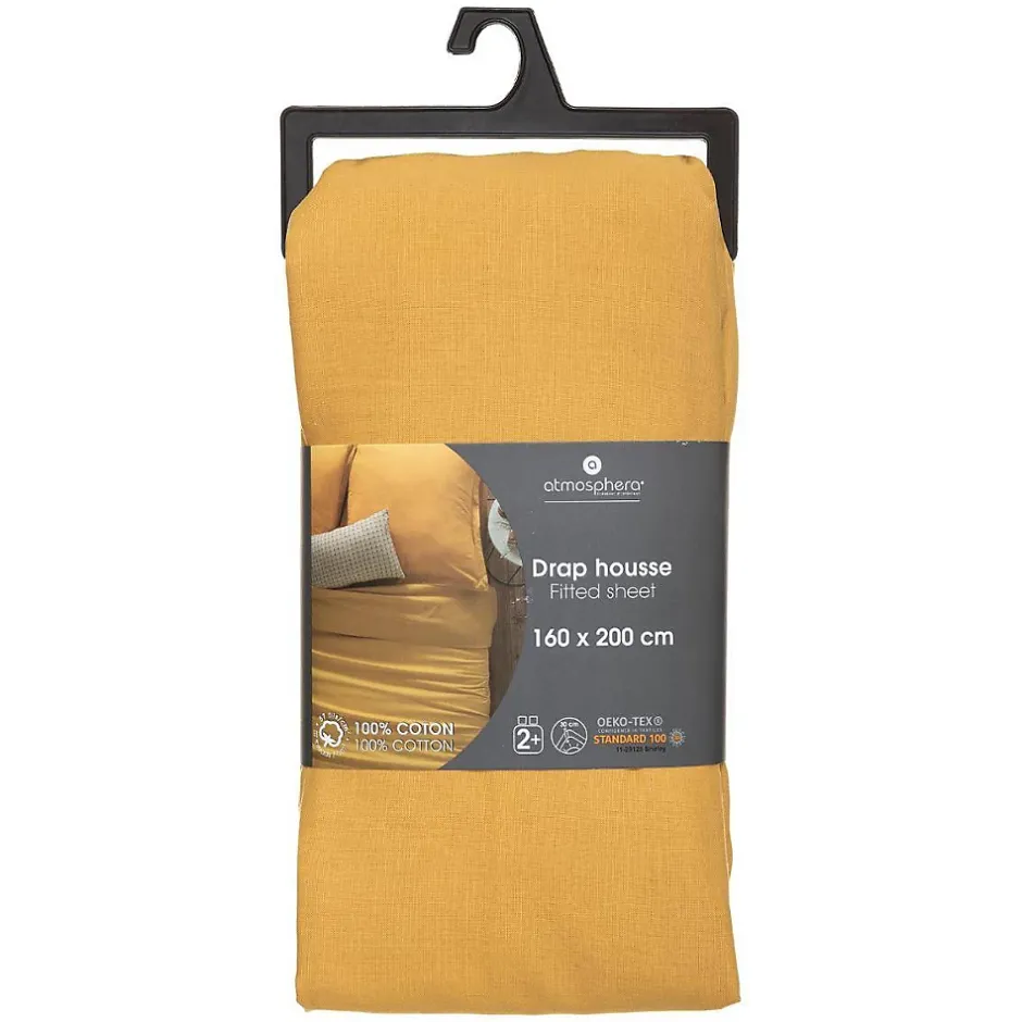 Atmosphera Créateur D'Intérieur Drap-housse en coton - jaune moutarde - bonnet H30cm - 160x200 cm - Atmosphera New