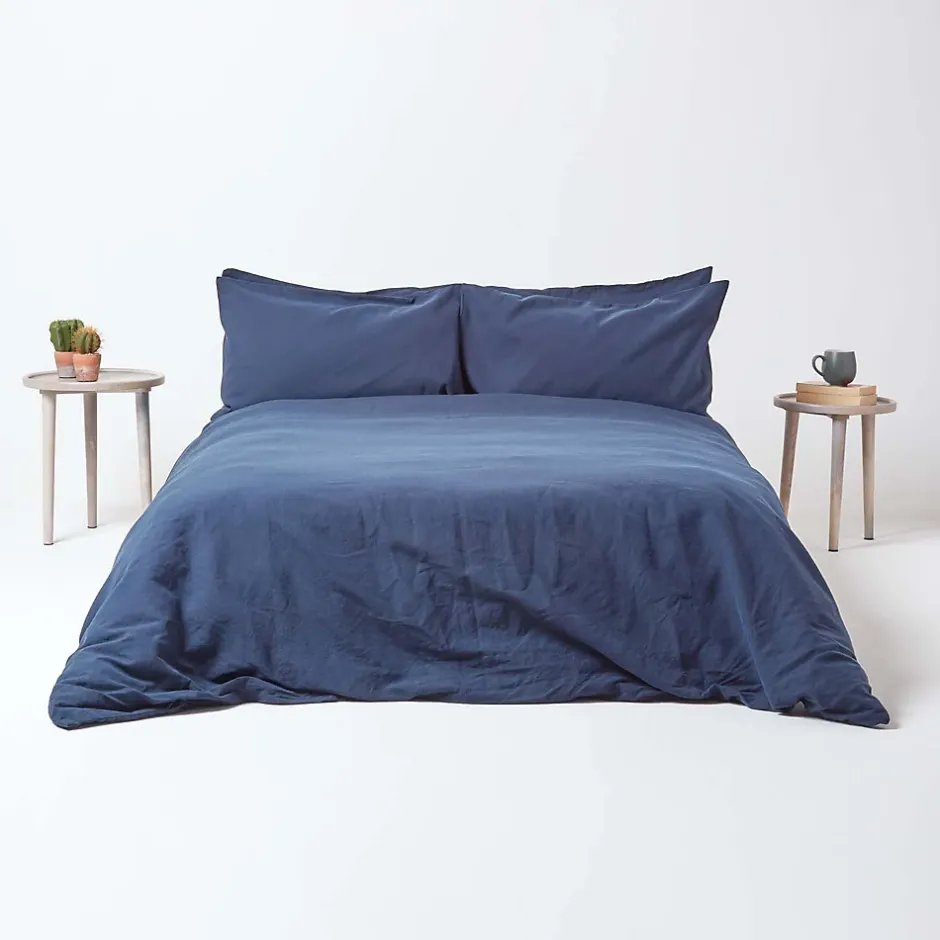 Homescapes Drap-housse grand bonnet en lin lavé bleu marine - 140 x 190 cm - Outlet