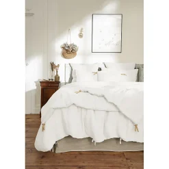 Meubletmoi Édredon 150 x 150 cm lin lavé blanc avec 4 nouettes en jute - LUISA