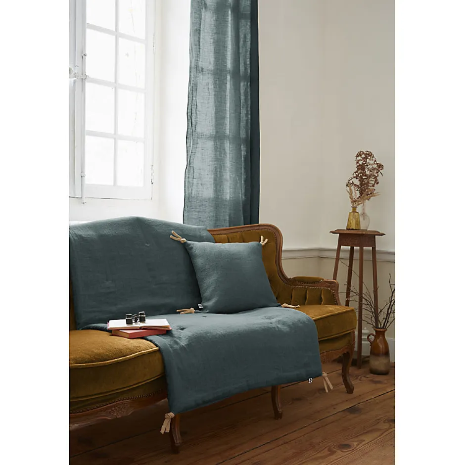 Meubletmoi Édredon 90 x 200 cm lin lavé bleu avec 4 nouettes en jute - LUISA