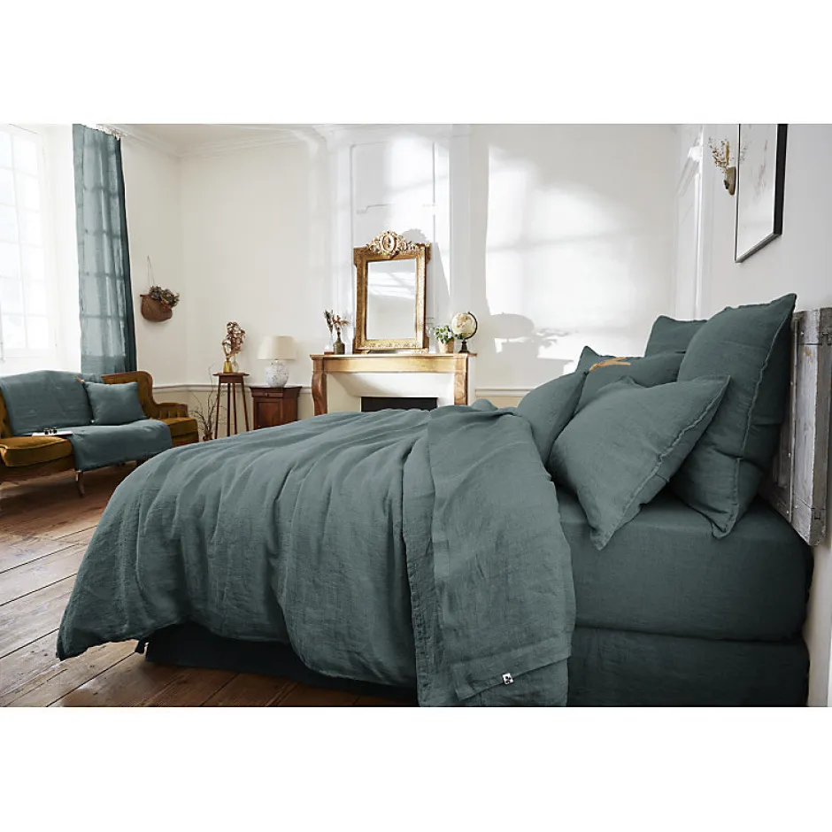 Meubletmoi Édredon 150 x 150 cm lin lavé bleu avec 4 nouettes en jute - LUISA Hot