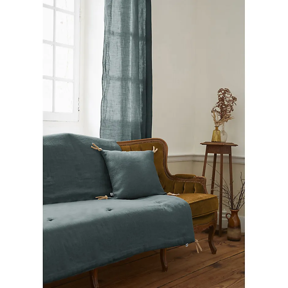 Meubletmoi Édredon 150 x 150 cm lin lavé bleu avec 4 nouettes en jute - LUISA Hot