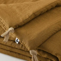 Meubletmoi Édredon 90 x 200 cm lin lavé caramel avec 4 nouettes en jute - LUISA Best