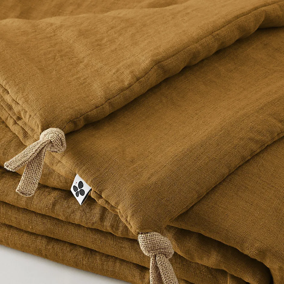 Meubletmoi Édredon 90 x 200 cm lin lavé caramel avec 4 nouettes en jute - LUISA Best