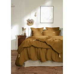 Meubletmoi Édredon 150 x 150 cm lin lavé caramel avec 4 nouettes en jute - LUISA Hot