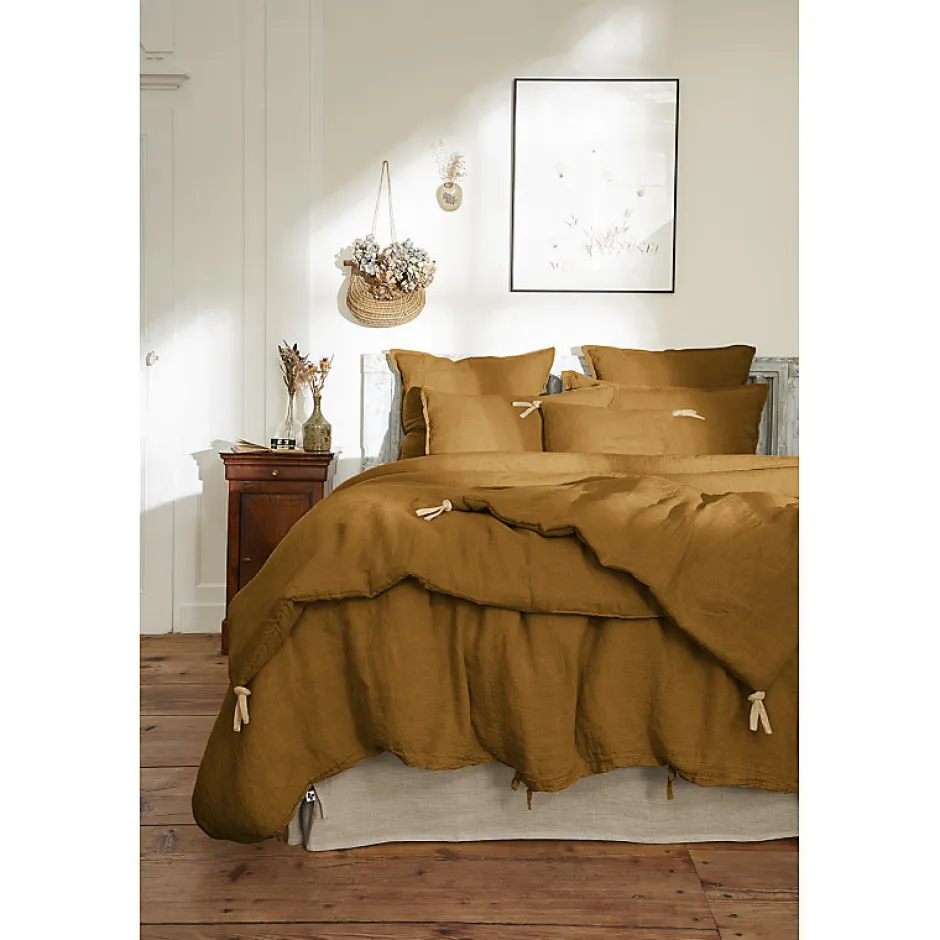 Meubletmoi Édredon 150 x 150 cm lin lavé caramel avec 4 nouettes en jute - LUISA Hot