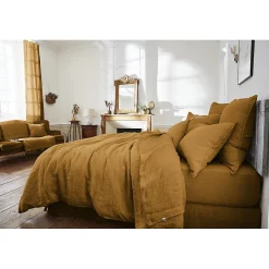 Meubletmoi Édredon 150 x 150 cm lin lavé caramel avec 4 nouettes en jute - LUISA Hot