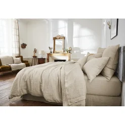Meubletmoi Édredon 150 x 150 cm lin lavé sable avec 4 nouettes en jute - LUISA