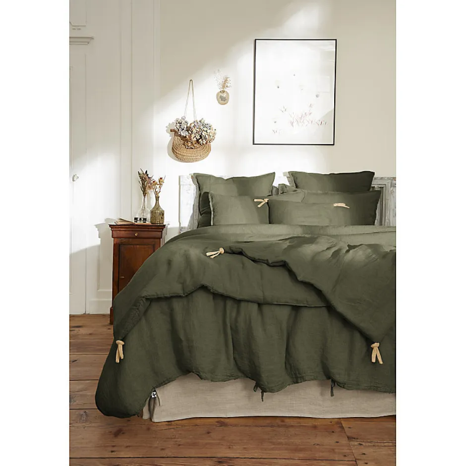 Meubletmoi Édredon 90 x 200 cm lin lavé vert avec 4 nouettes en jute - LUISA