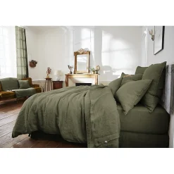 Meubletmoi Édredon 90 x 200 cm lin lavé vert avec 4 nouettes en jute - LUISA