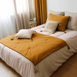Decostars Édredon Panama 90x190 cm pompons jute moutarde Discount