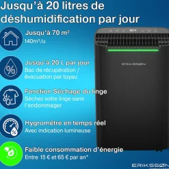 Eriksson Déshumidificateur 20 litres adapté pour chambre salon cave Dehumidifier