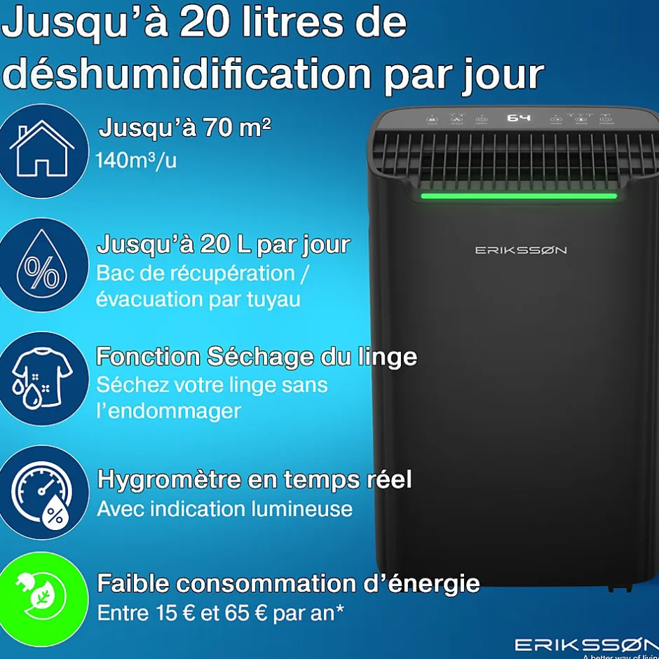 Eriksson Déshumidificateur 20 litres adapté pour chambre salon cave Dehumidifier