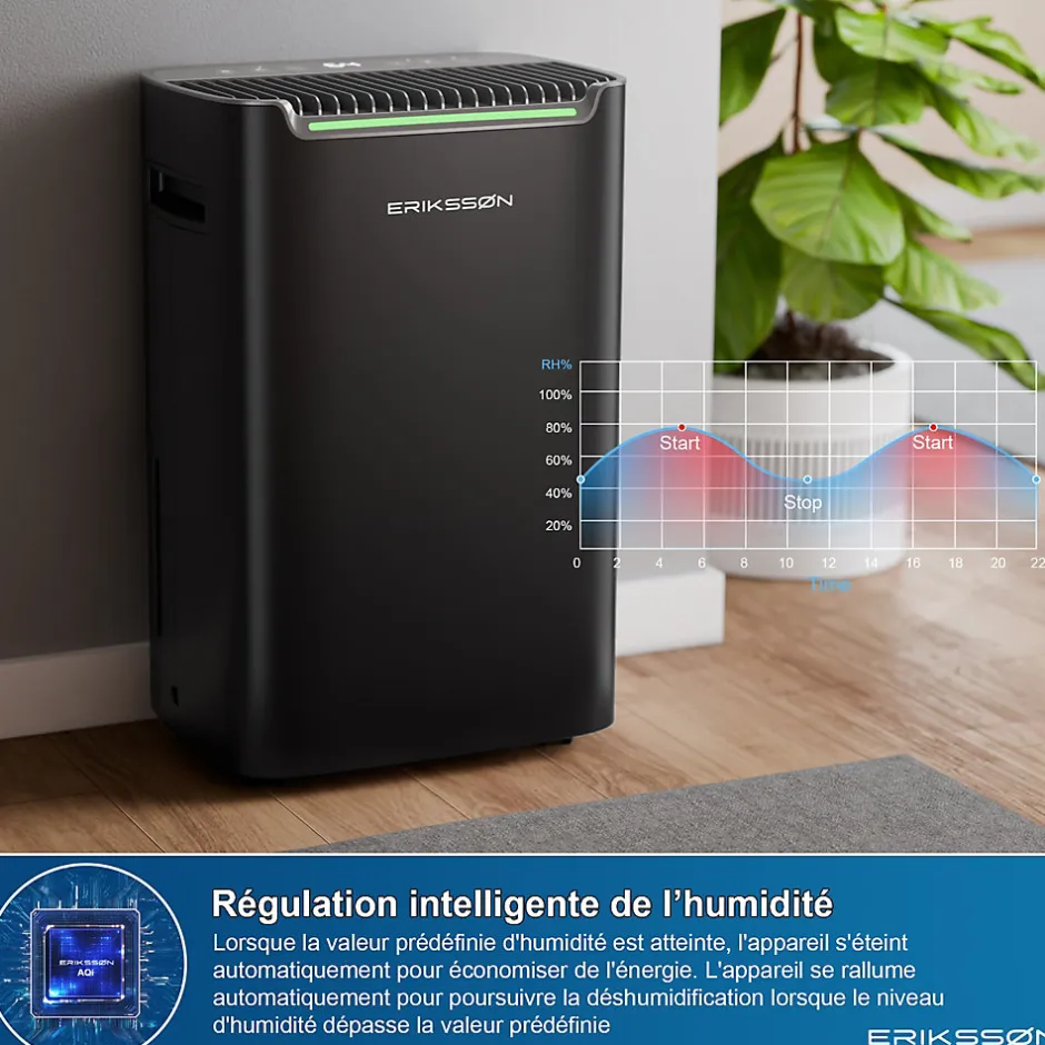 Eriksson Déshumidificateur 20 litres adapté pour chambre salon cave Dehumidifier