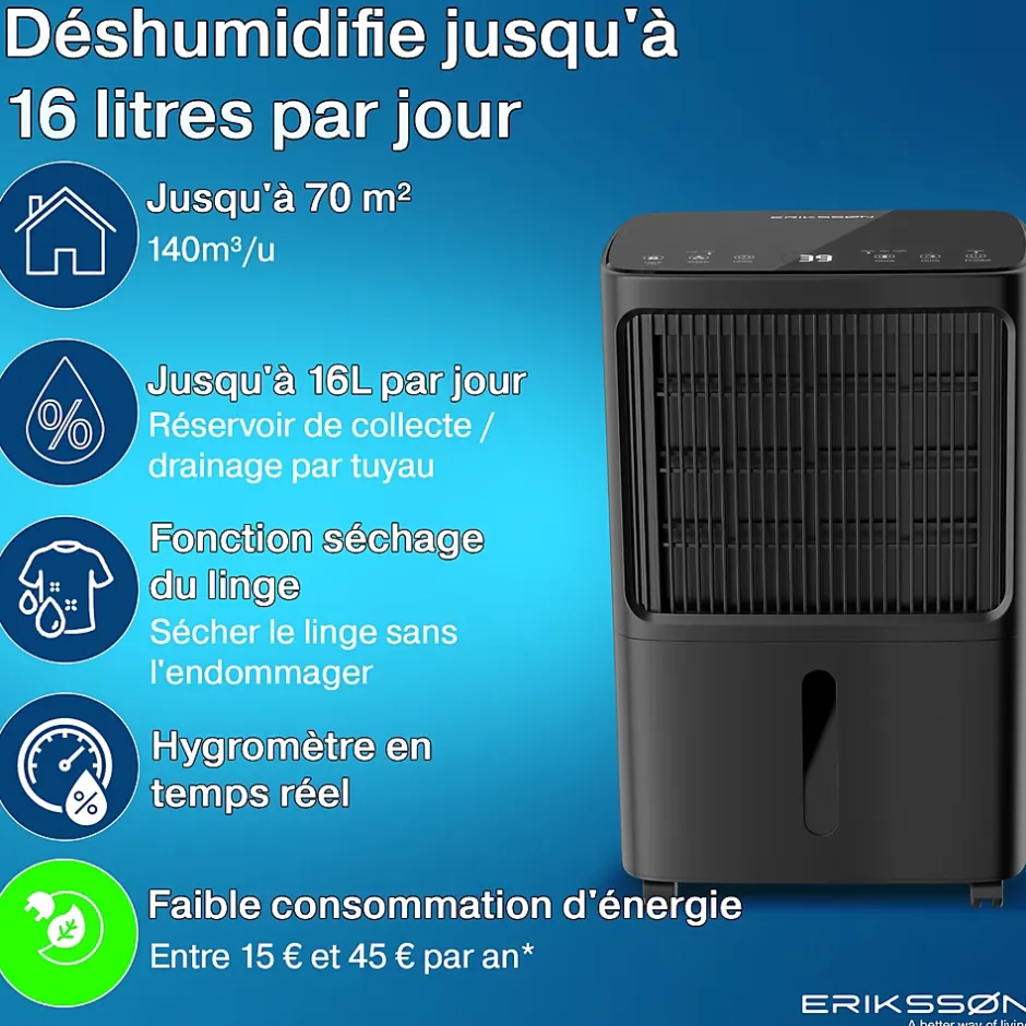 Eriksson Déshumidificateur 16 litres adapté pour chambre salon cave Dehumidifier Discount