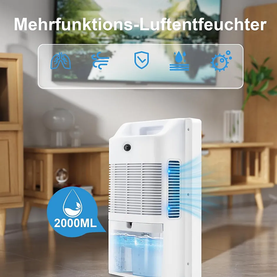 Nettlife Déshumidificateur 2000 ml avec télécommande, minuterie 24 h, nettoyage UV et mode veille (blanc)