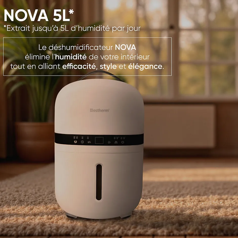 Bestherm Déshumidificateur d'air - Nova 5L/jour, réservoir amovible, filtre à charbon actif, ioniseur intégré
